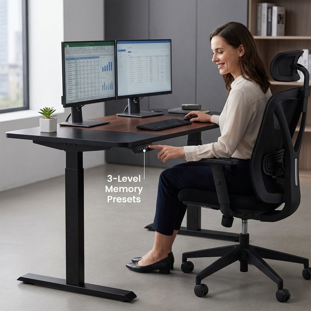 Electric Height Adjustable Standing Desk – Modern Home Office Computer Table with Wood Grain Desktop