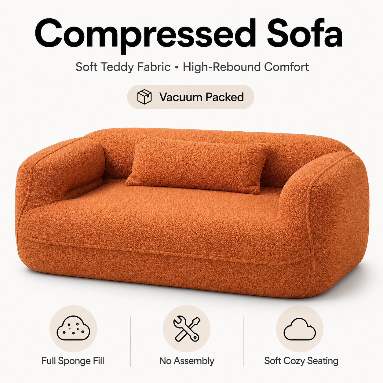 Vacuum Packed Compressed Sofa – Soft Teddy Fabric Sponge Couch for Cozy Home Comfort
