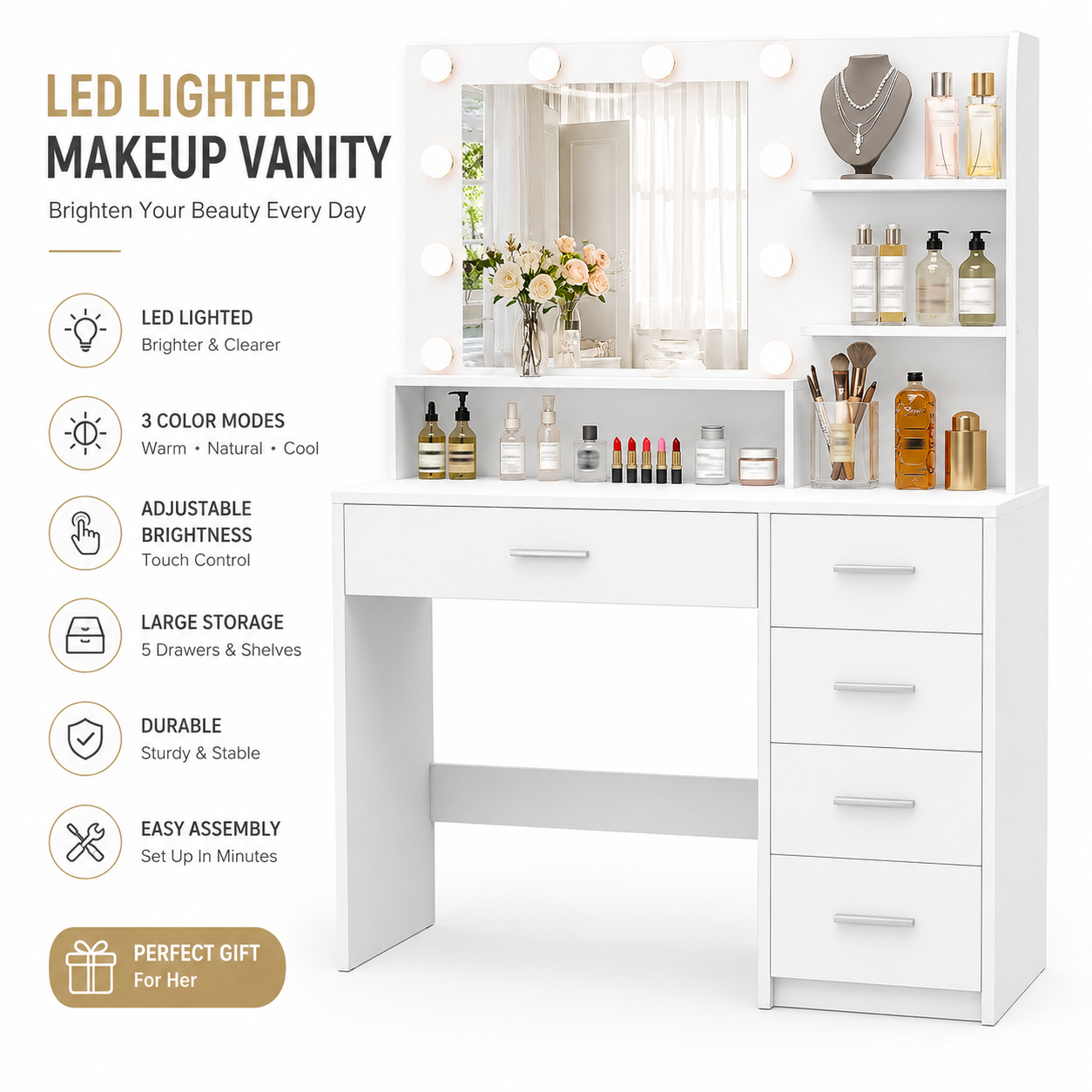 Premium Dressing Table with LED Mirror & 5 Drawers – Modern Makeup Vanity Desk for Bedroom
