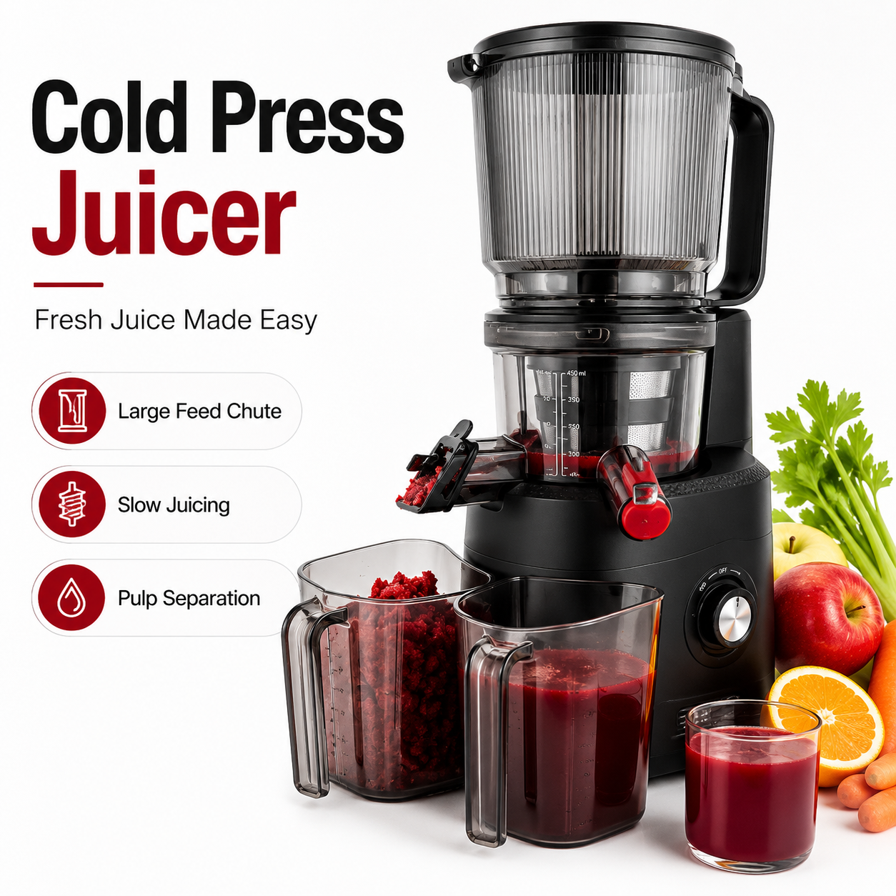 Large Feed Chute Cold Press Slow Juicer – Fresh Juice & Pulp Separation Machine