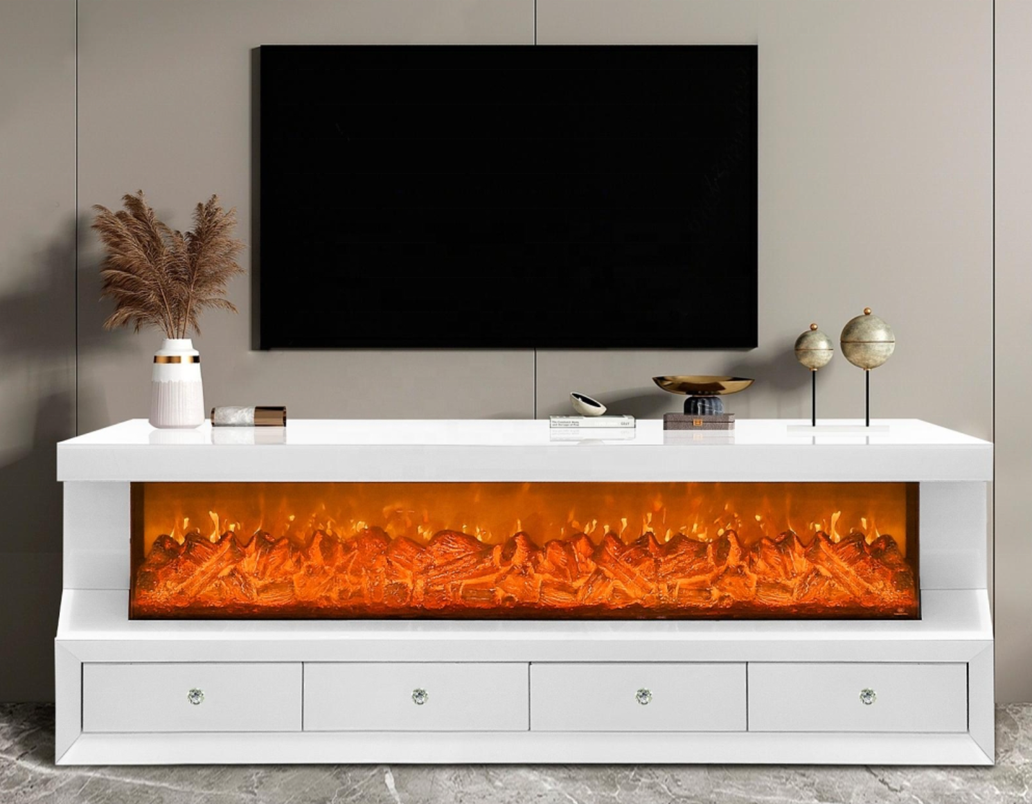 Luxury Mirrored TV Stand with Electric Fireplace – Modern Entertainment Center with LED Flame Effect