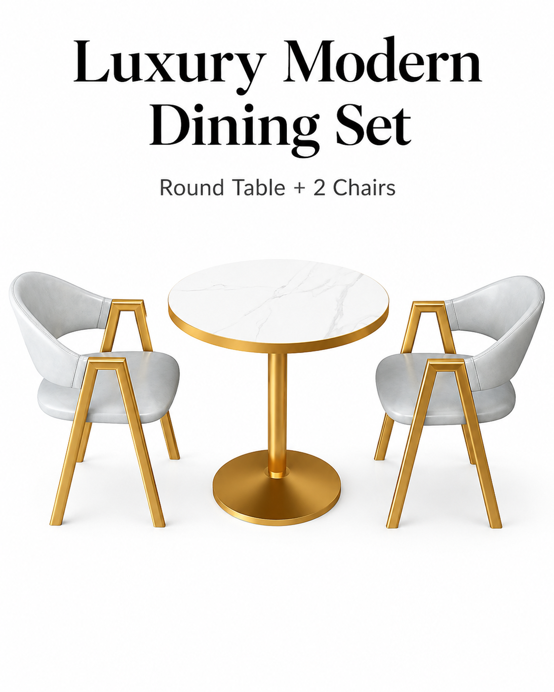 Factory Direct Luxury Modern Dining Set – Round Marble-Style Table with 2 Gold Frame Chairs