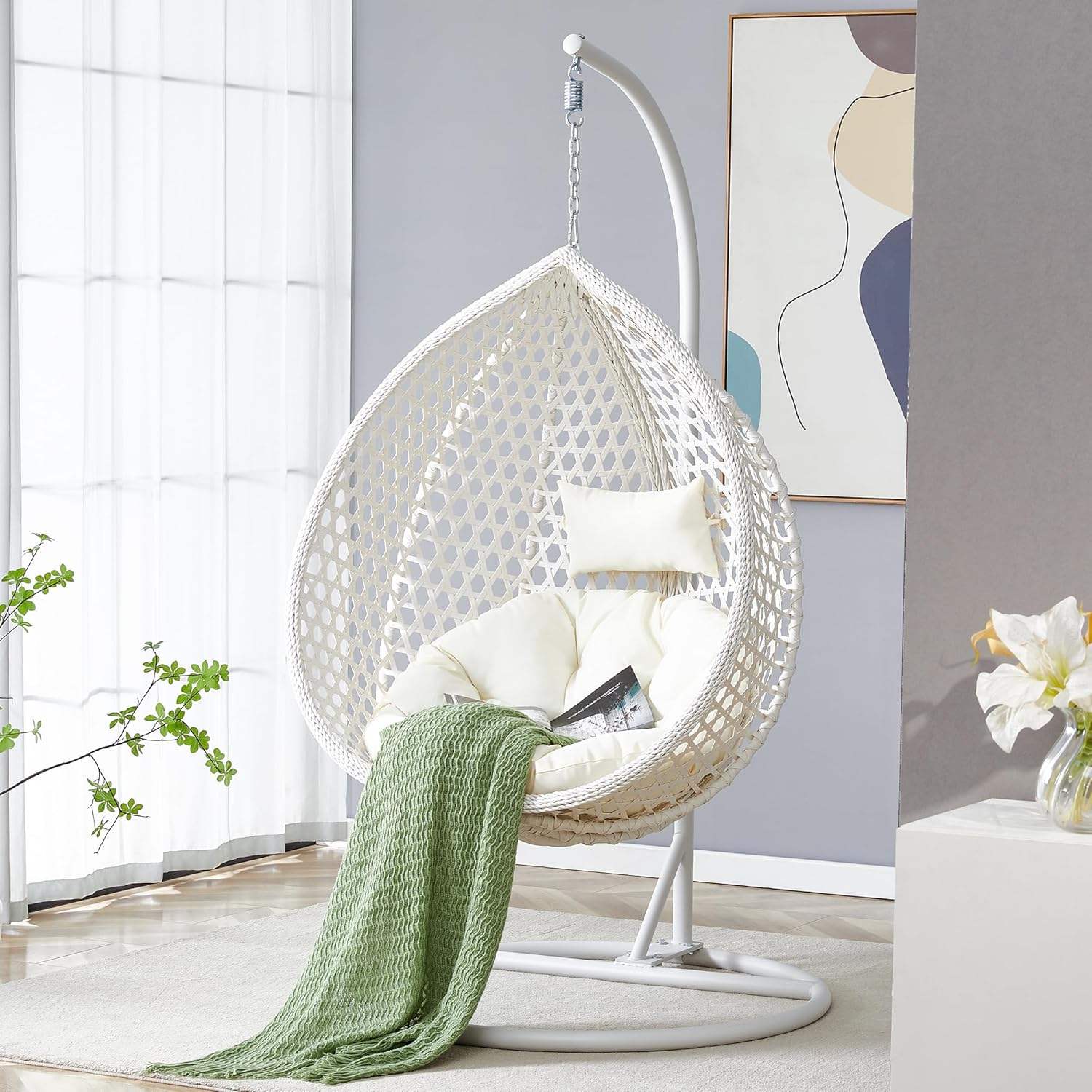 Luxury Hanging Egg Chair – Indoor & Outdoor Rattan Swing Chair with Heavy-Duty Stand for Garden, Balcony & Living Room