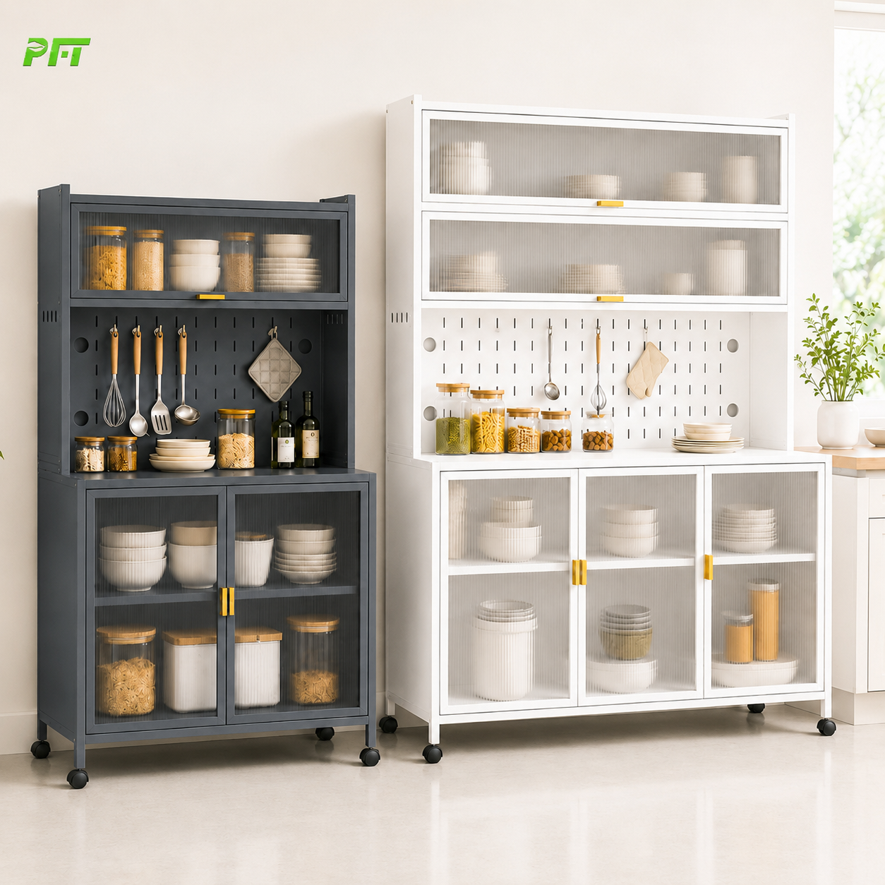 Modern Metal Storage Rack Kitchen Cabinet Large Capacity Pantry Organizer with Wheels Glass Doors Adjustable Shelves Cupboard