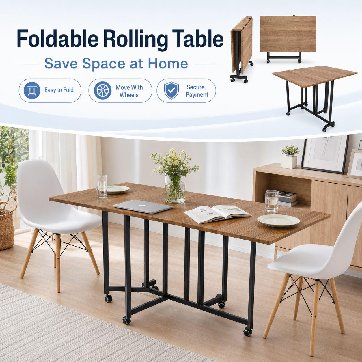 Foldable Rolling Desk with Wheels – No Assembly Small Space Computer Desk for Home Office, Study & Dining