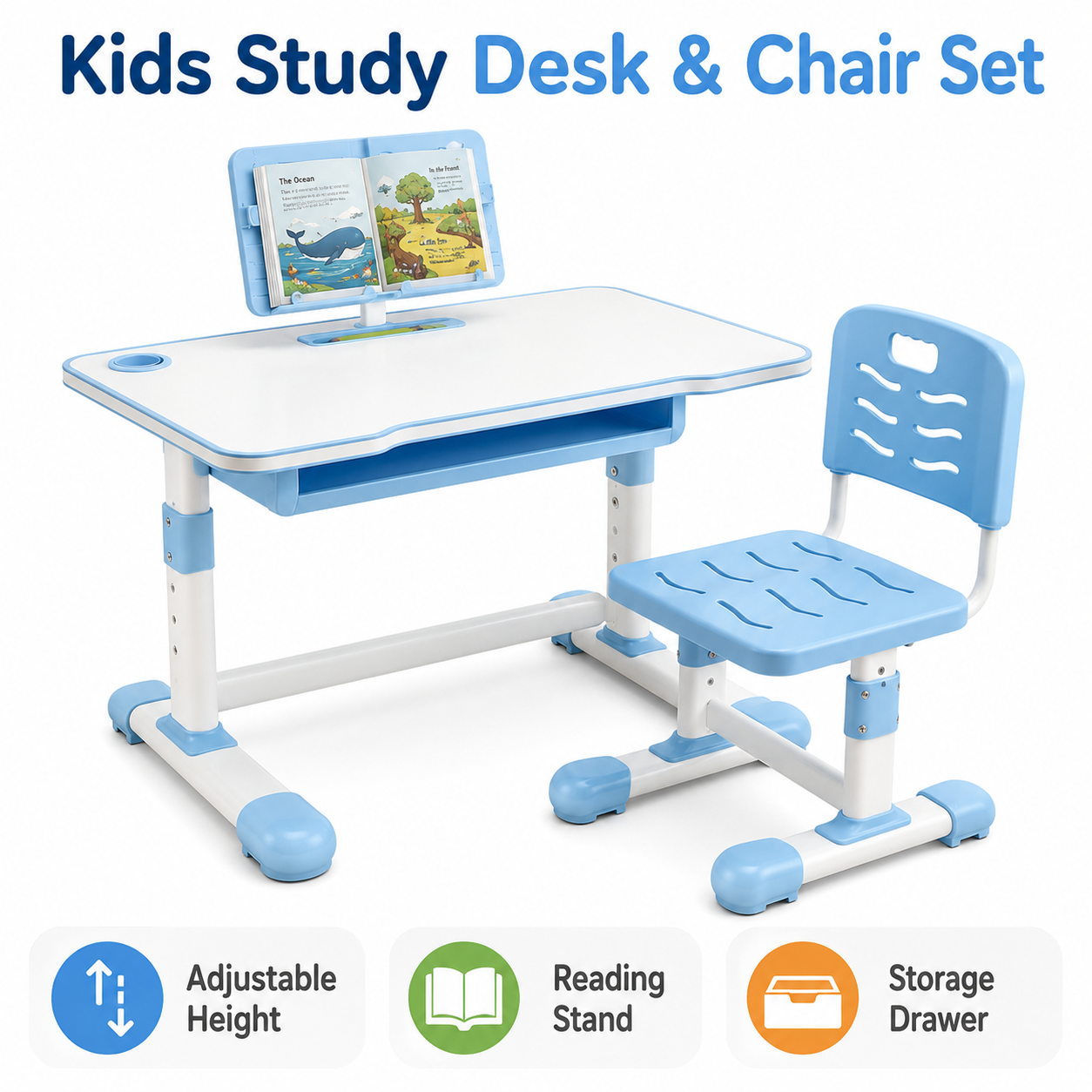 Adjustable Kids Study Desk and Chair Set – Comfortable Learning Table with Bookshelf for Home & School