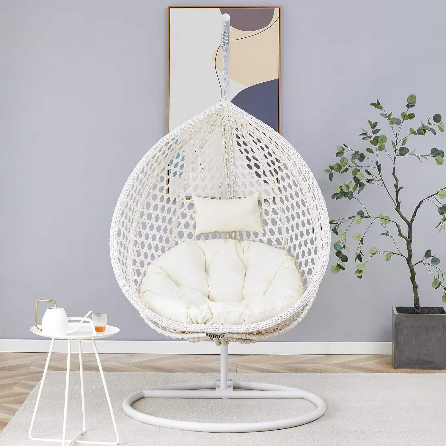 Luxury Hanging Egg Chair – Indoor & Outdoor Rattan Swing Chair with Heavy-Duty Stand for Garden, Balcony & Living Room