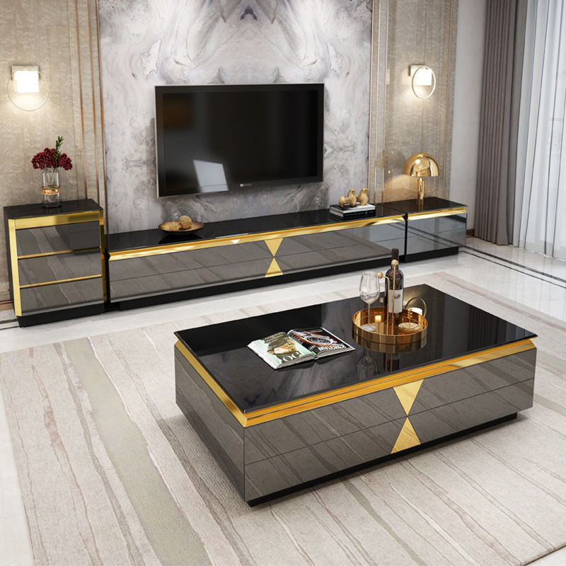 Luxury Living Room Furniture Set – Glass Coffee Table with Storage & Modern TV Stand