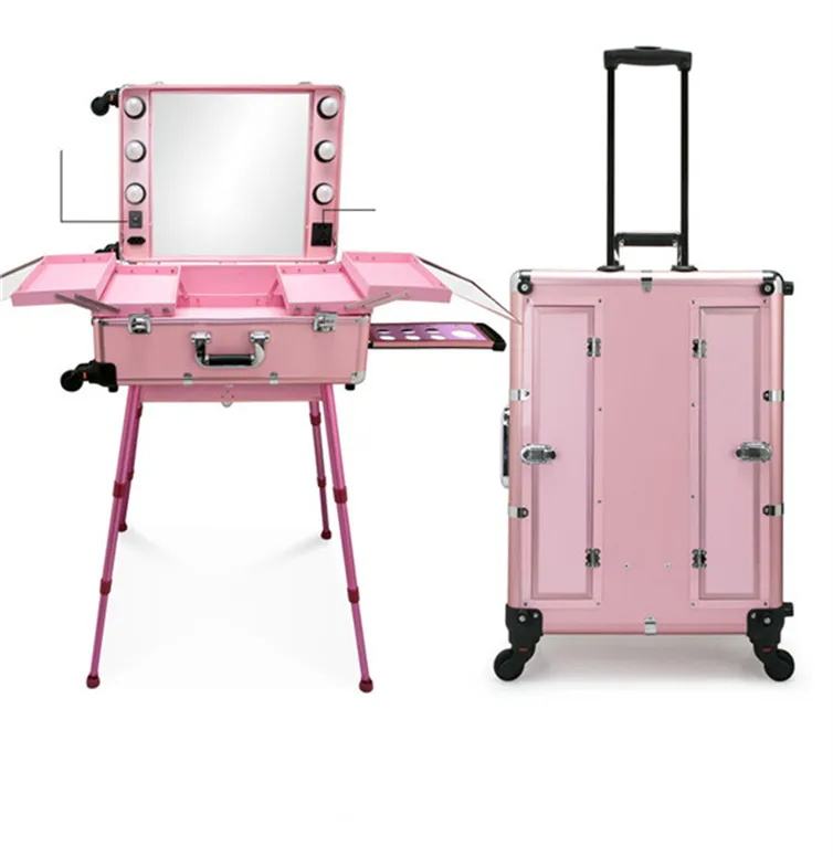Factory Direct Pink Rolling Makeup Station with LED Lights, Aluminum Trolley Cosmetic Case with Legs for Makeup Artists in Ghana