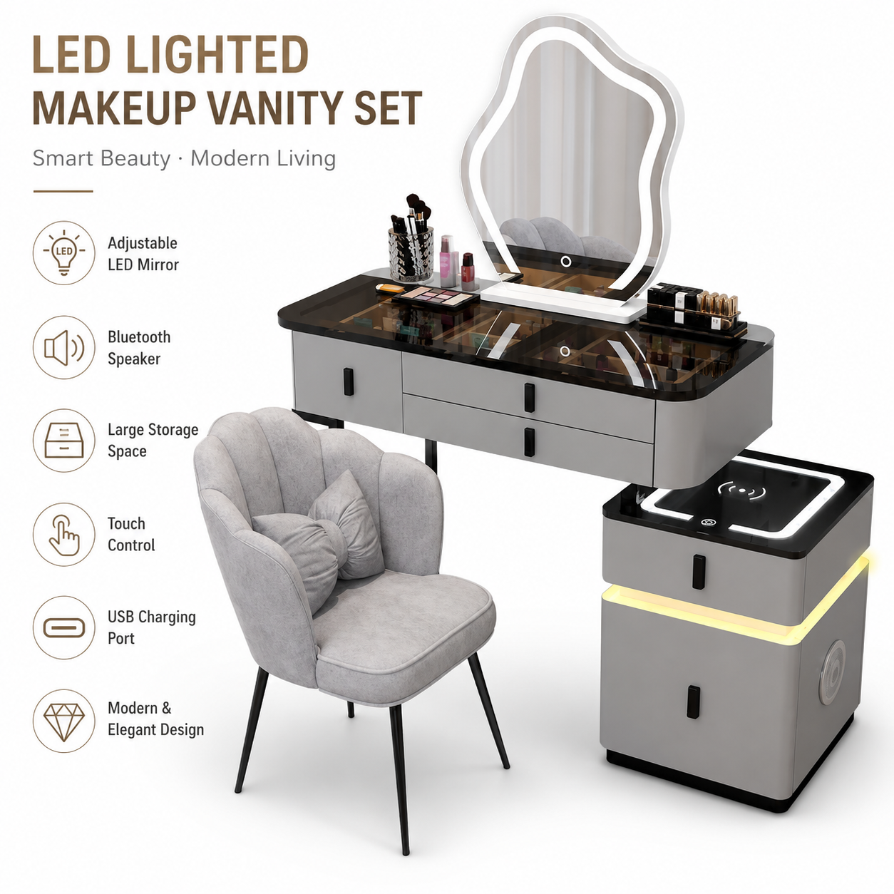 Luxury LED Makeup Vanity Table with Bluetooth Speaker & Mirror – Modern Dressing Table with Storage Drawers