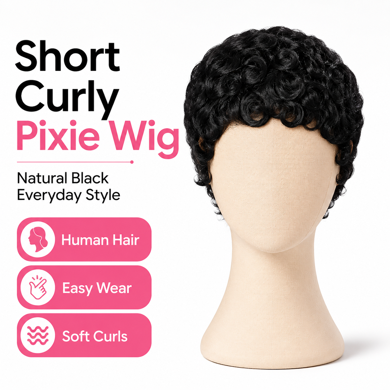 Short Curly Pixie Human Hair Wig – Natural Black Everyday Wig for Women