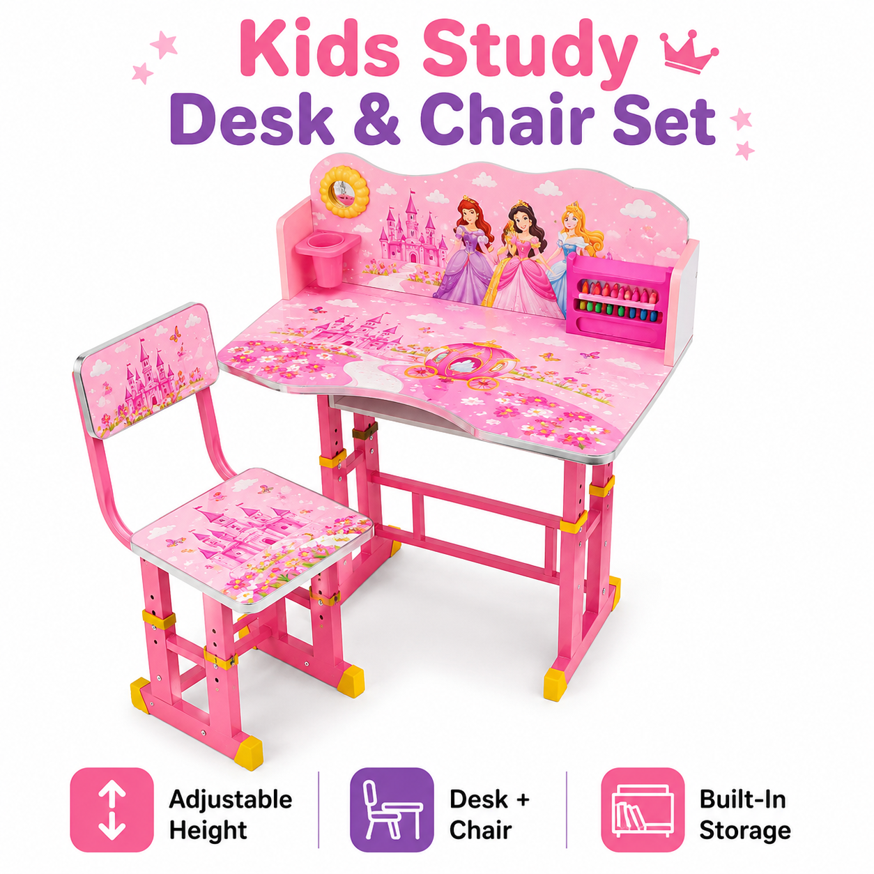 Kids Pink Study Desk and Chair Set – Wooden Learning Table with Socket for Reading, Writing & Drawing