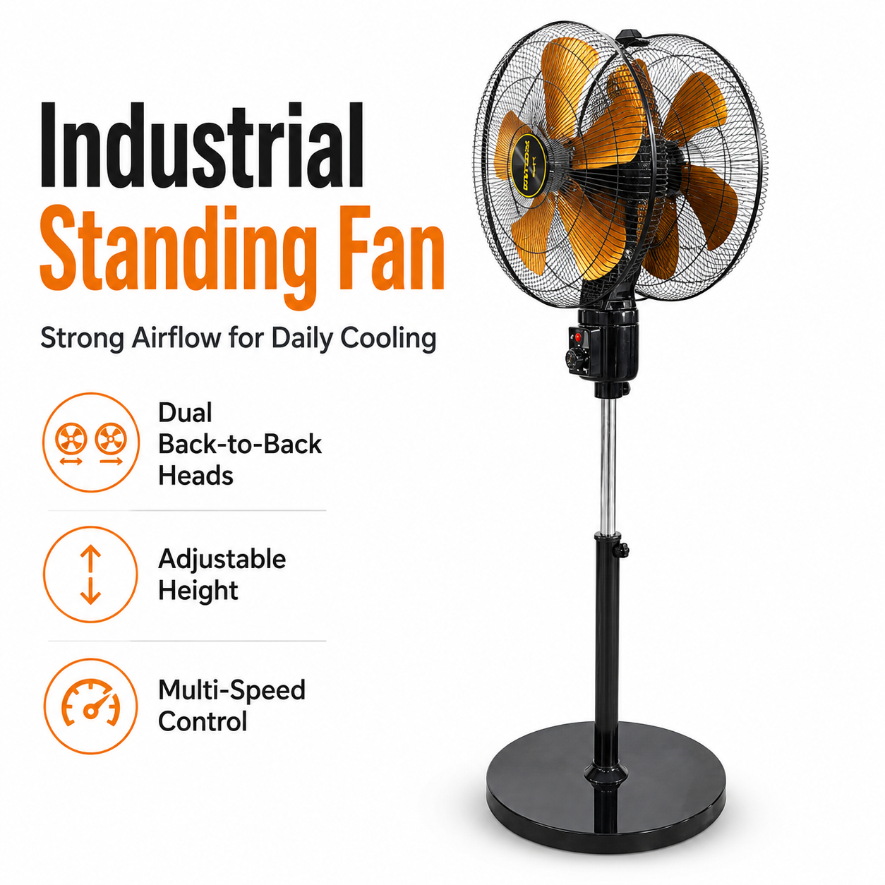 Dual-Head Standing Fan – Strong Airflow Adjustable Height Fan for Home, Shop & Restaurant