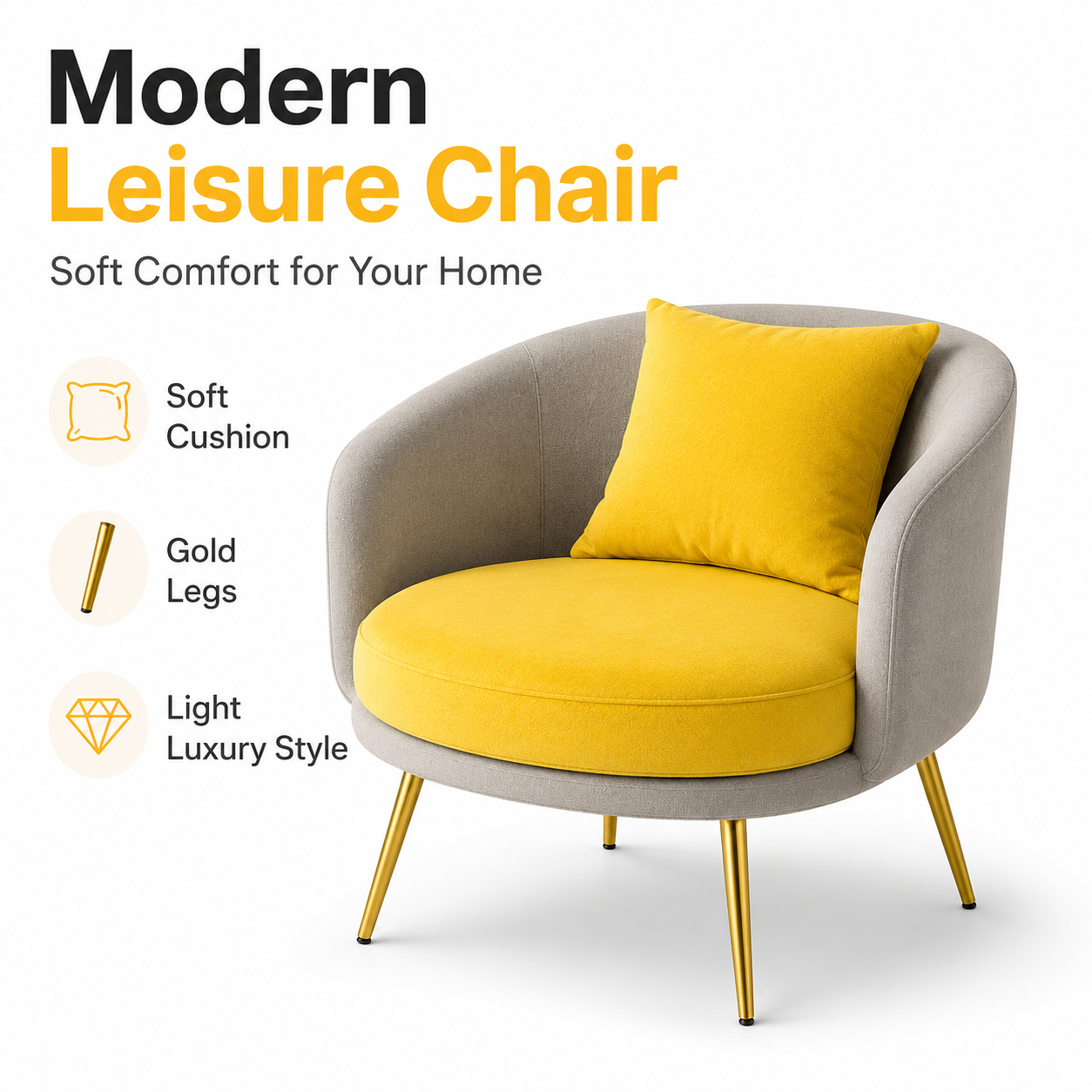 Modern Leisure Sofa Chair – Soft Cushion Accent Chair with Gold Legs for Living Room & Bedroom