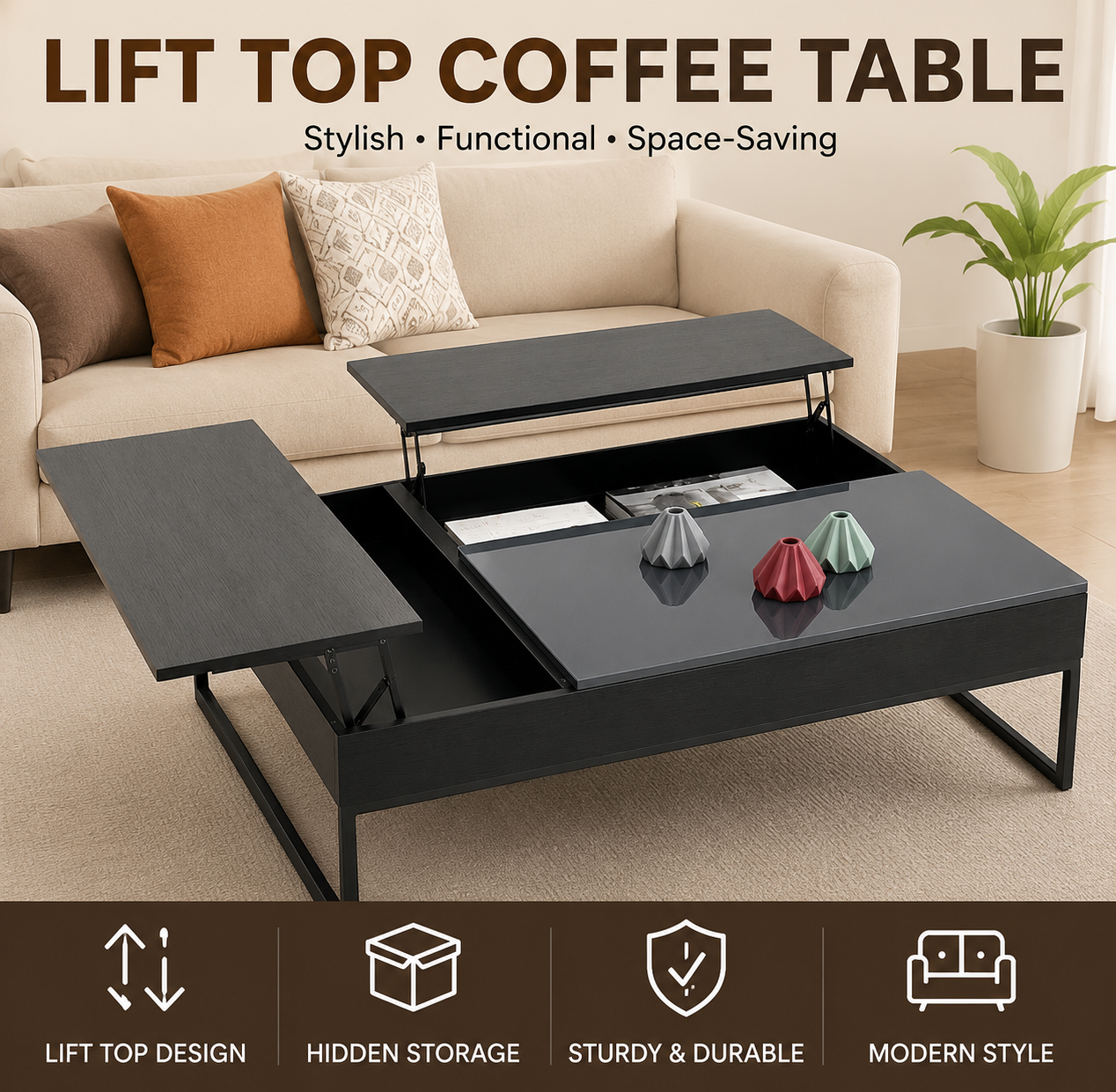 Modern Lift Top Coffee Table with Storage – Adjustable Height Living Room Table for Home, Office & Family Use