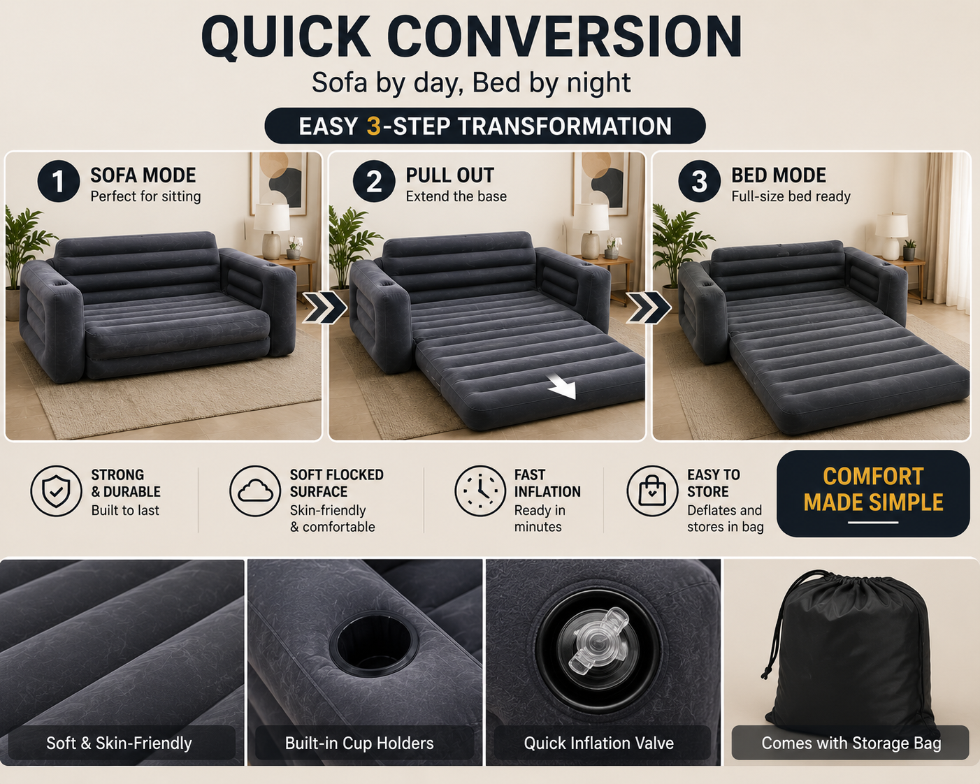 Space Saving 2-in-1 Inflatable Sofa Bed | Comfortable Air Couch & Guest Sleeping Bed