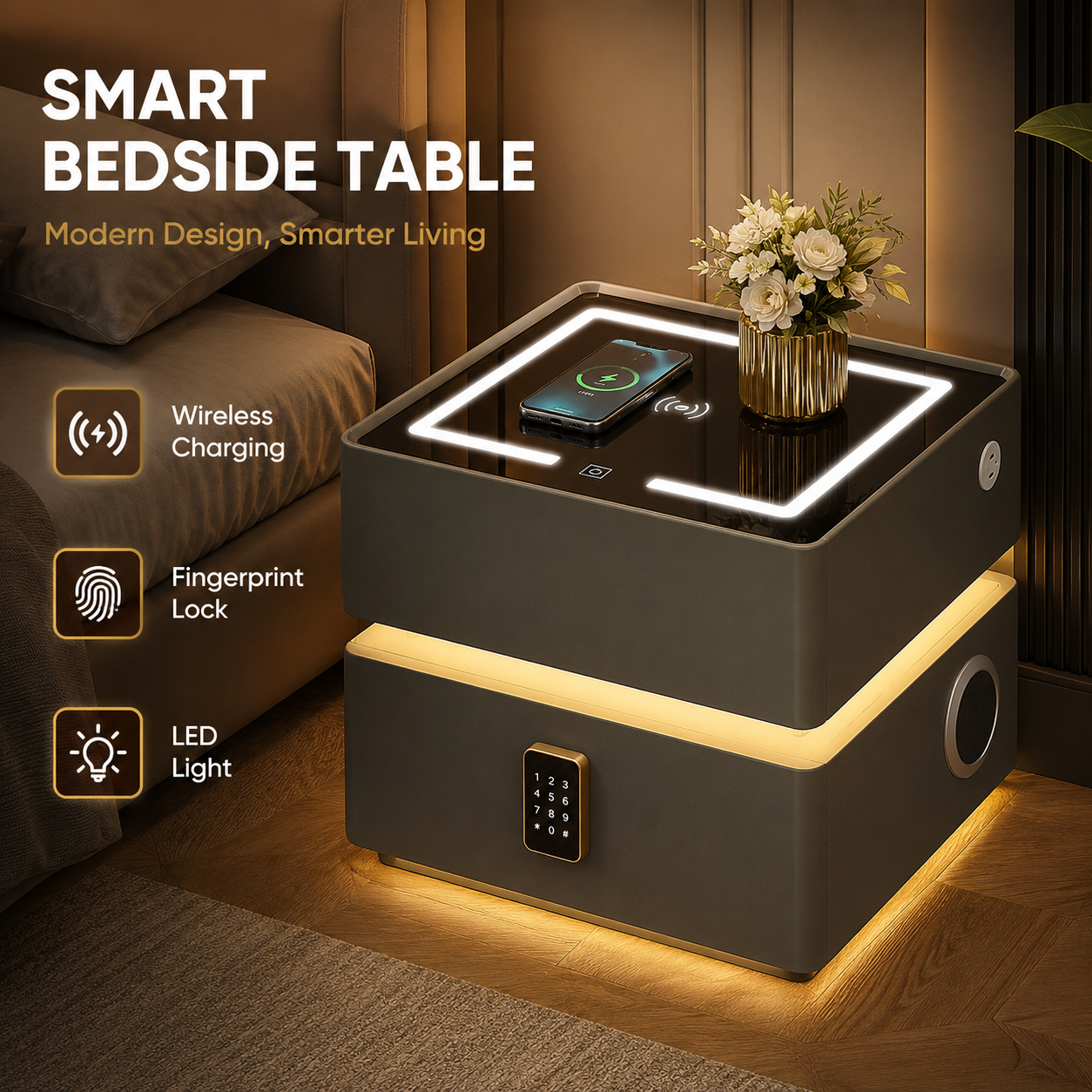 Luxury Smart Bedside Table with Wireless Charging, Fingerprint Lock & LED Light Nightstand