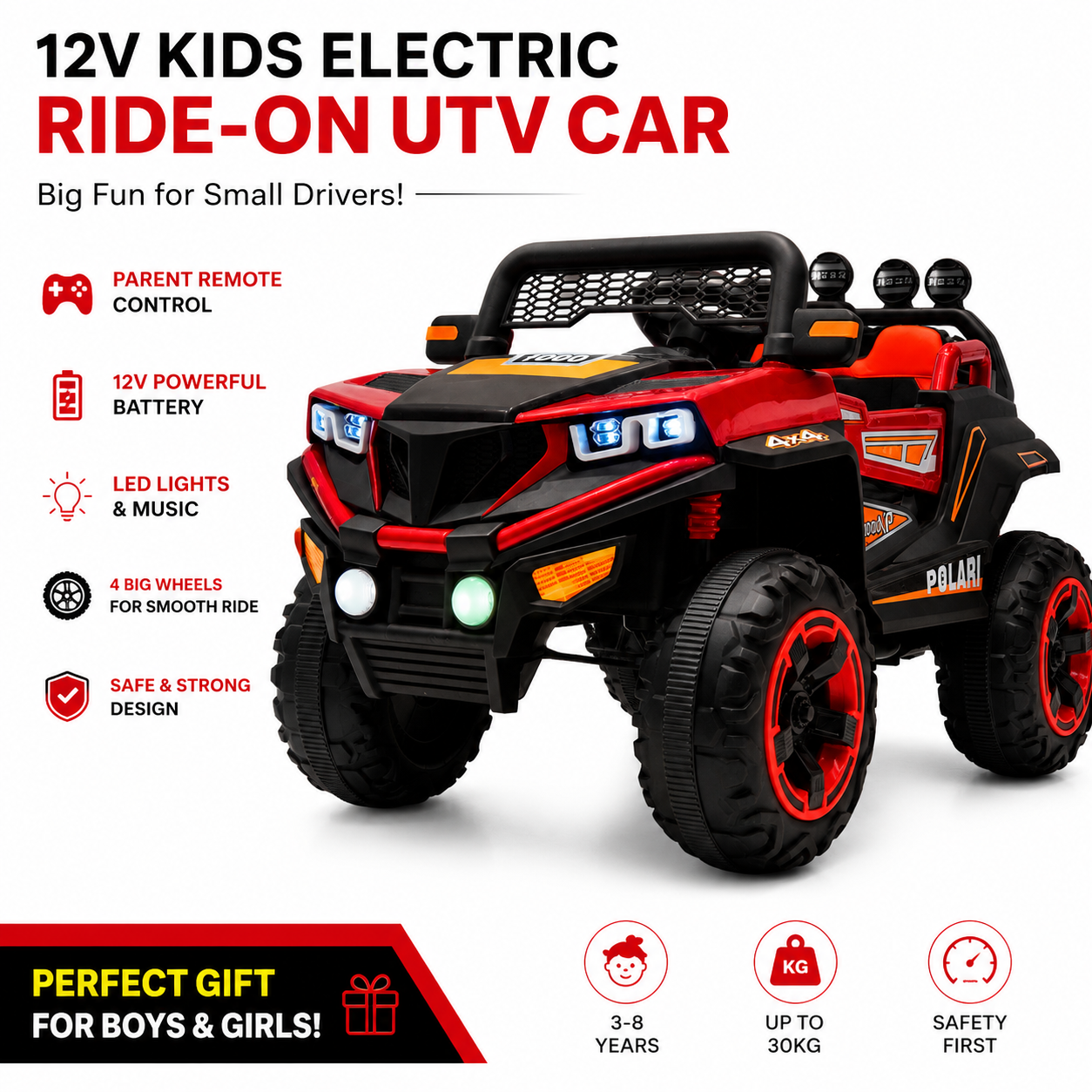 12V Kids Electric Ride-On UTV Car – Rechargeable Toy Car with Remote Control, Lights & Music