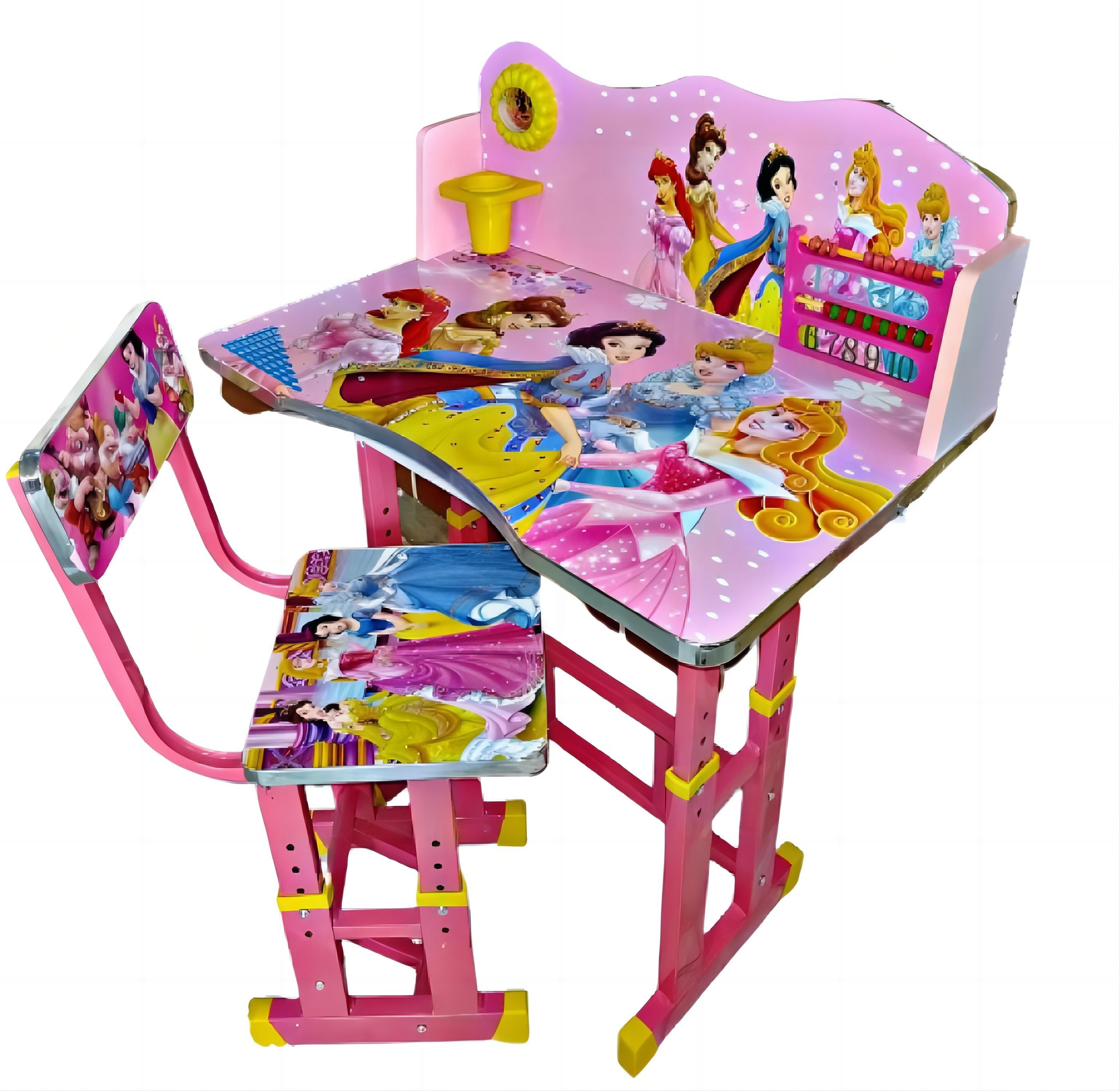 Kids Pink Study Desk and Chair Set – Wooden Learning Table with Socket for Reading, Writing & Drawing