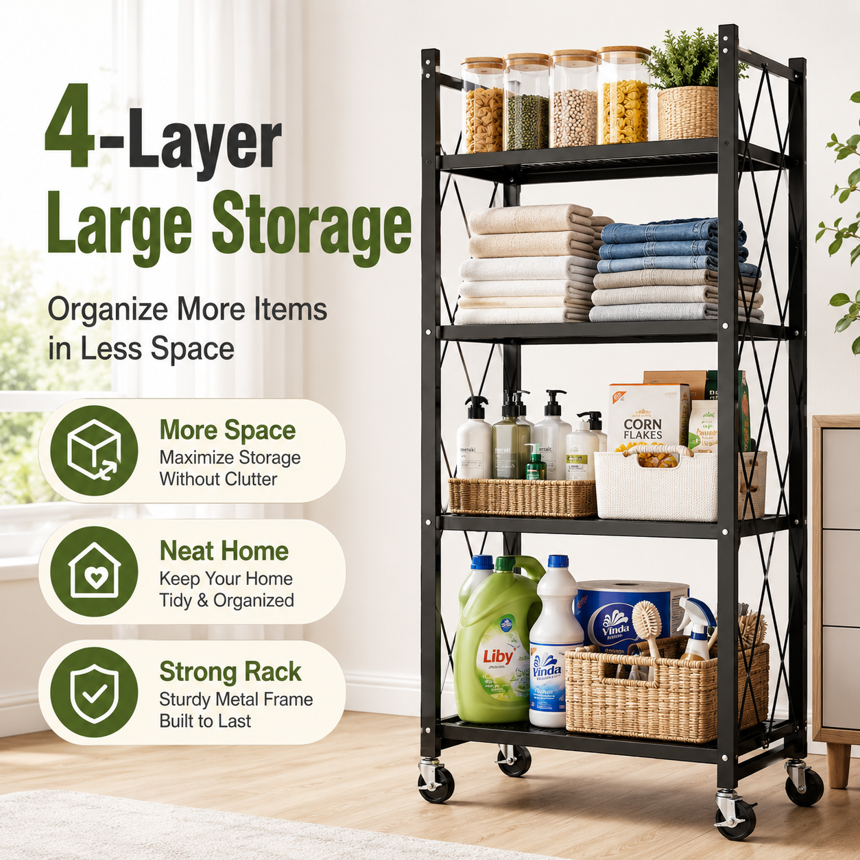 4-Layer Foldable Metal Storage Rack – Space Saving Shelf Organizer for Kitchen & Home