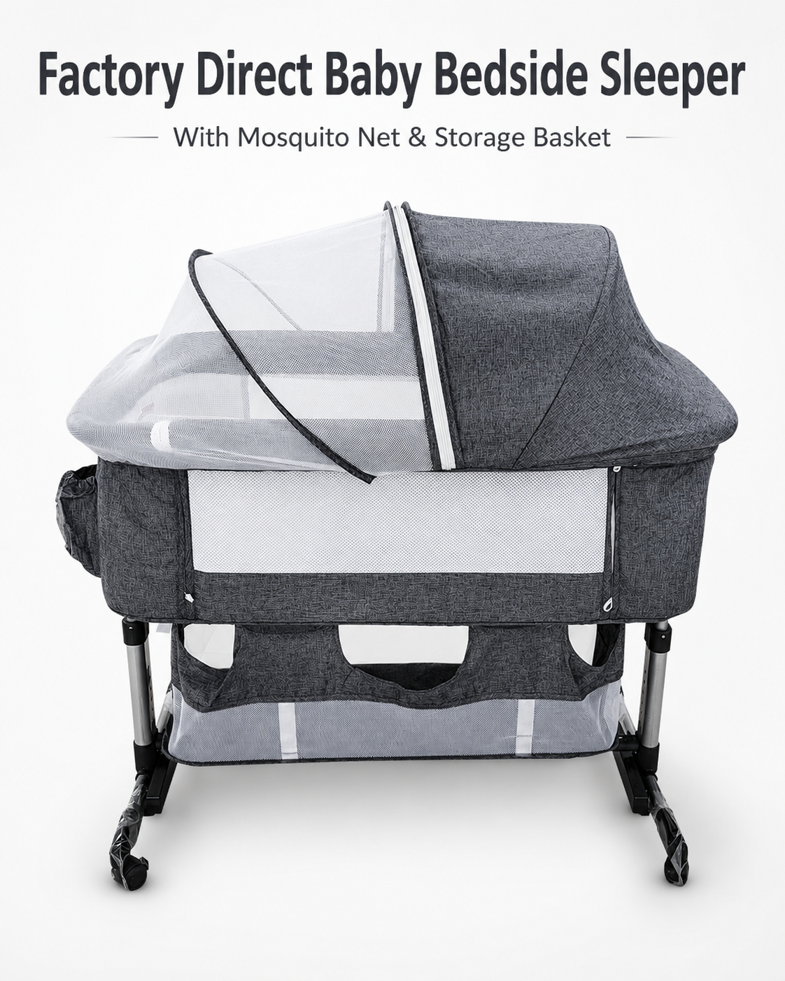 Factory Direct Baby Bedside Sleeper Crib with Mosquito Net & Storage Basket – Safe, Comfortable Newborn Bed