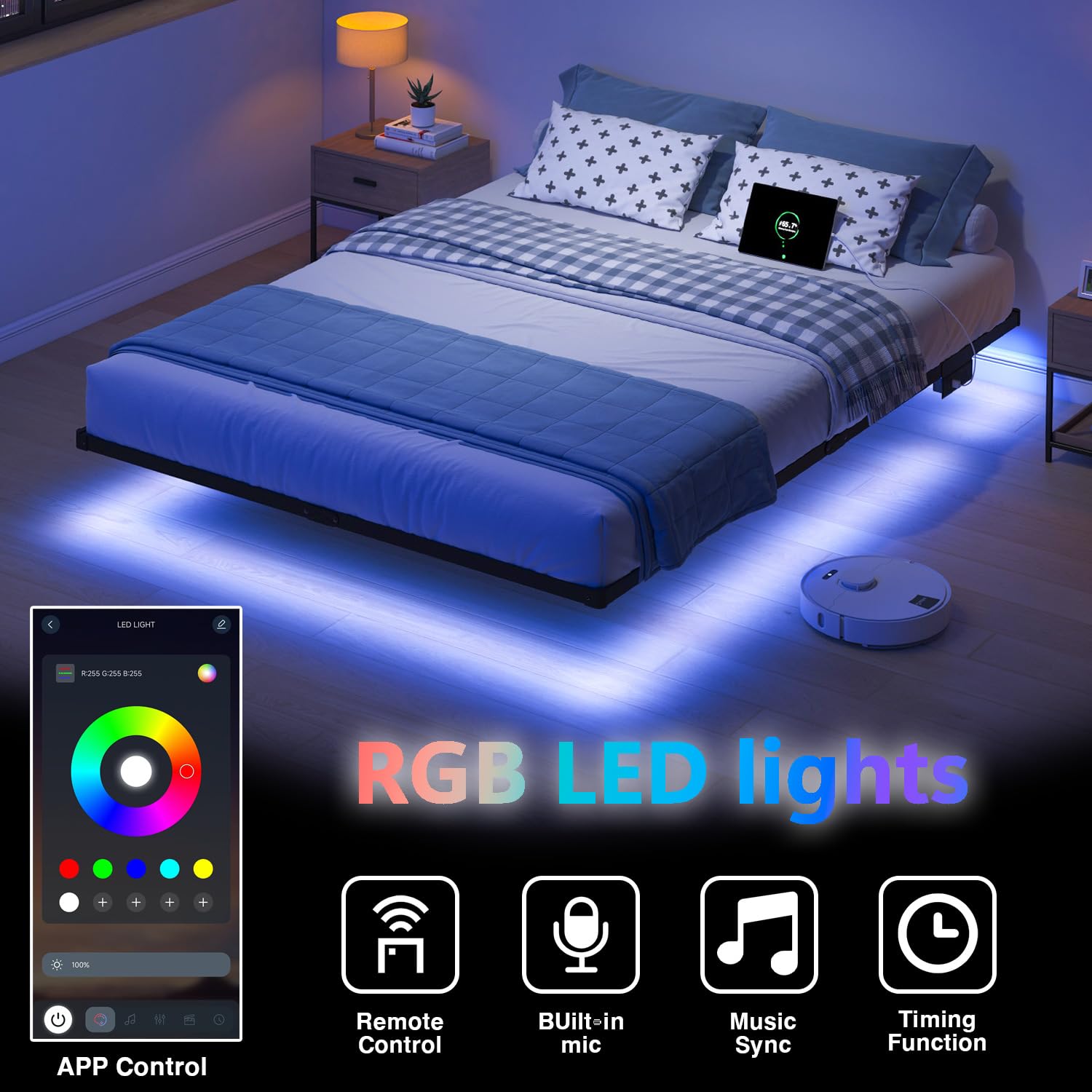 Floating Bed Frame Twin with LED Lights and Charging Station - 10 inch Platform Bed Frame No Box Spring Needed, Easy Assembly