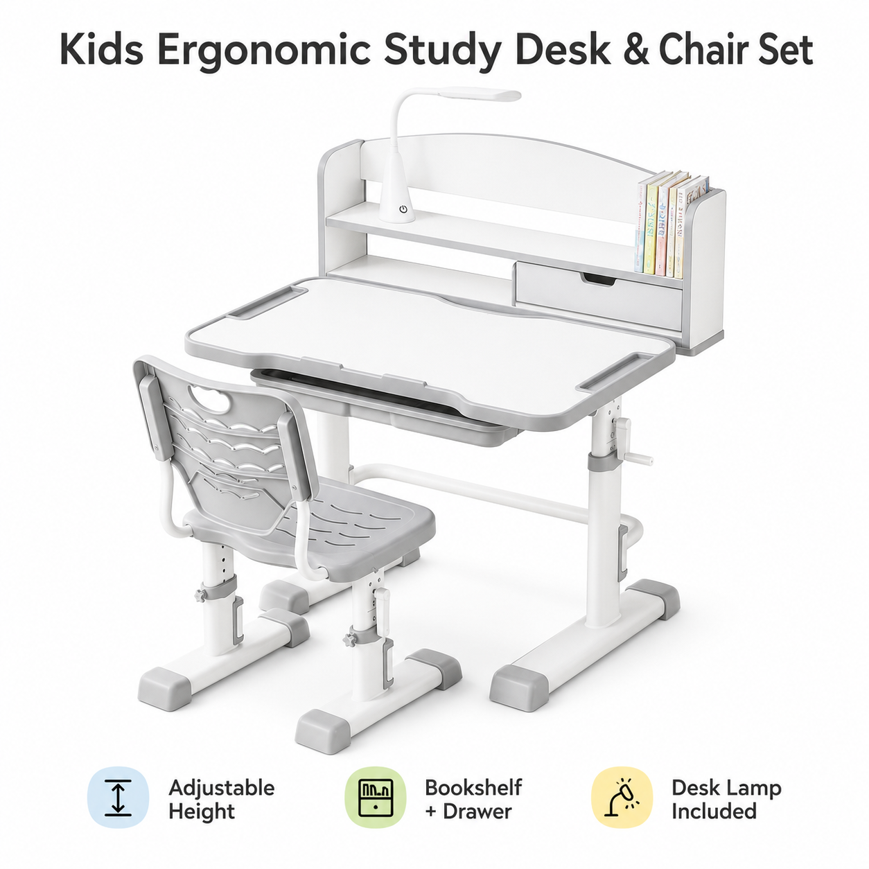 Kids Ergonomic Study Desk & Chair Set – Height Adjustable Learning Table with Bookshelf, Drawer & Lamp
