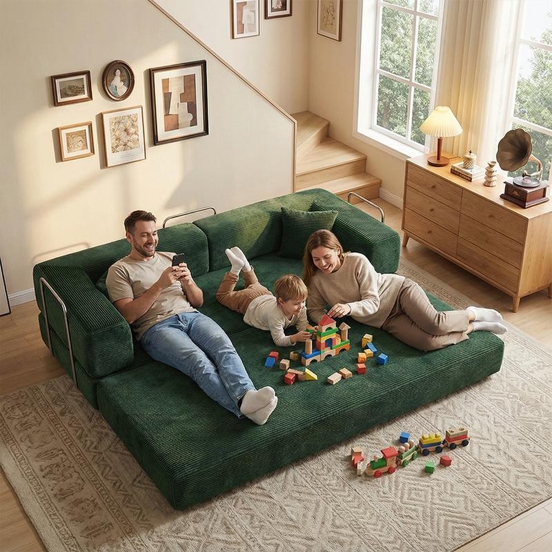 79" Convertible Sleeper Sofa Bed with Cylindrical Pillow Corduroy Folding Mattress Couch Fixed-Shape Frame Modular Compressible Living Room Sofa Set Vintage Suede Comfortable Lounge Chair Lazy Sofa Bean Bag Bedroom Sleeper Modern Cloud Loveseat