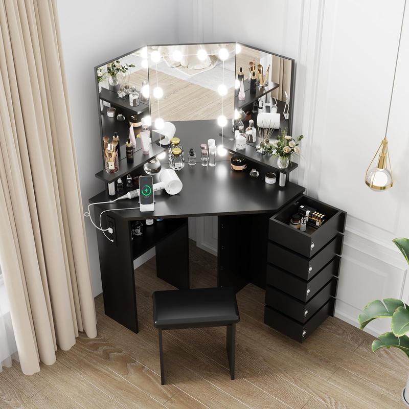 Corner Makeup Vanity Desk with Lights & Power Outlet - Spacious Tri-Folding Mirror, Adjustable Brightness, 5 Rotating Drawers, Ample Storage, Stool Included