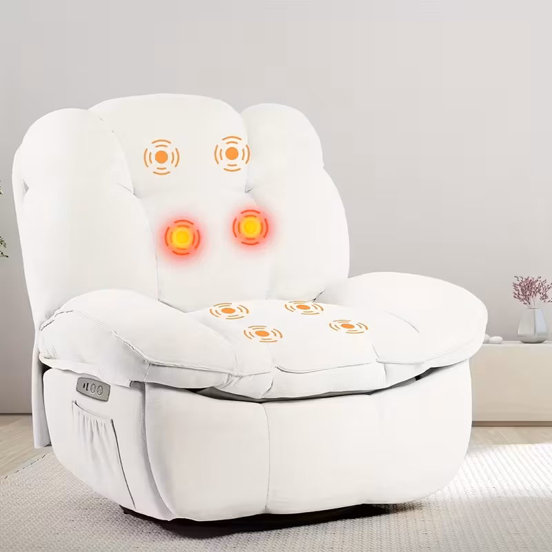 White Power Recliner,  Padded Swivel Chair With Vibrating Massage And Heating, Modern Single Sofa Glider Recliner With USB, USB-C And Side Pockets