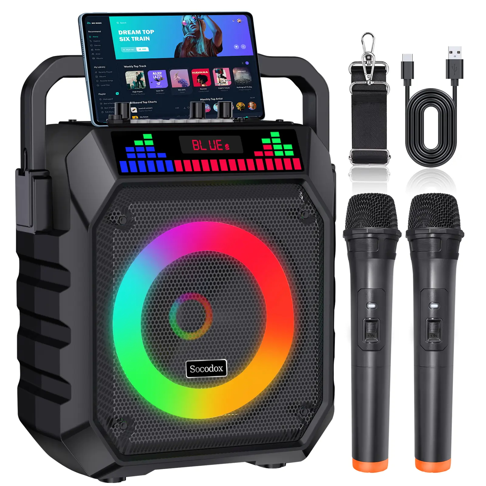 Karaoke Machine for Adults & Kids Portable Bluetooth 5.2 Speaker with 2 Wireless Microphones RGB Lights AUX USB TF AUX Home PA System for Family Party Outdoor Fun