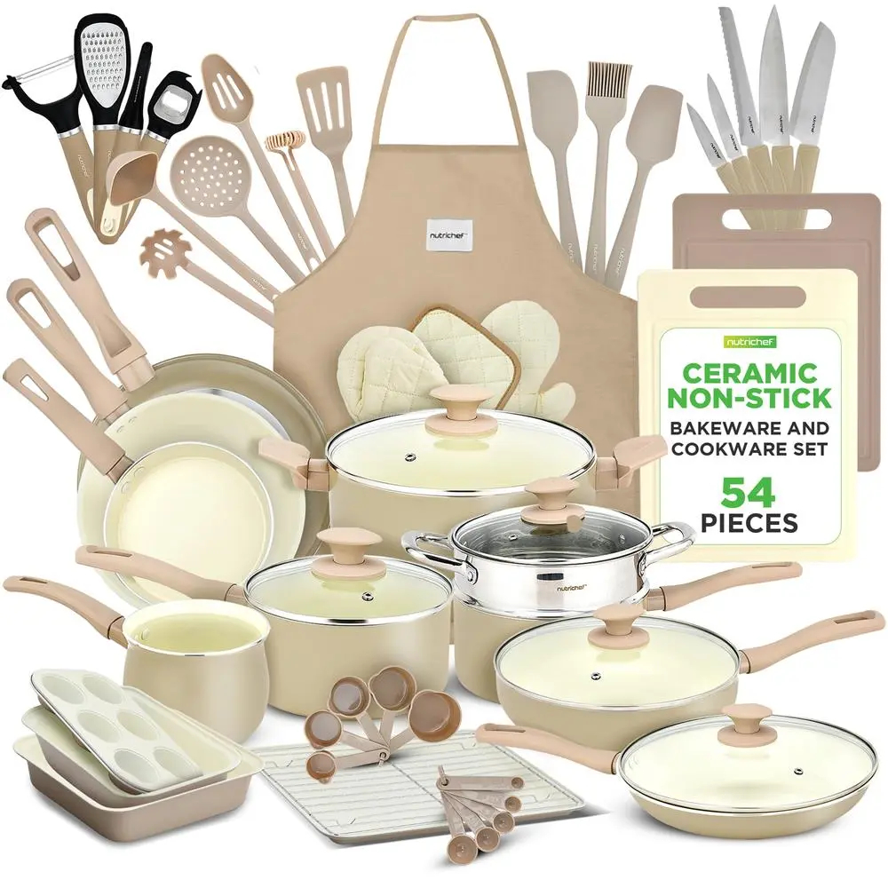 54-Piece Cookware Set  | Multi-Size Ceramic Non-Stick Pots & Fry Pans with Lids, Utensils, Knife & Gadget Set – Gas, Electric & Induction Safe Cooktops