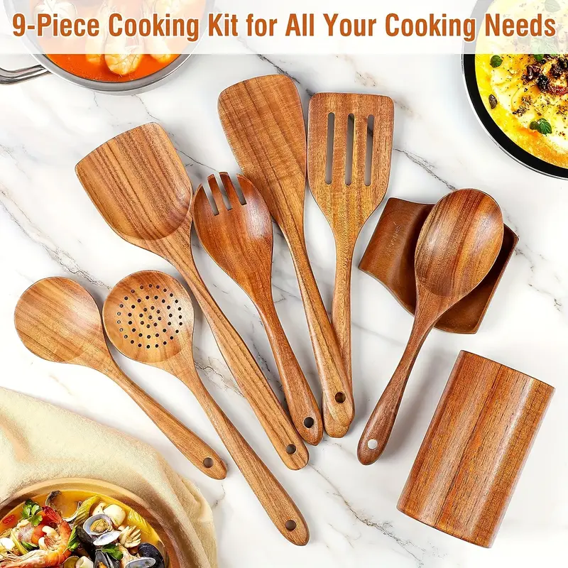 🔥9pcs Premium Wooden Cooking Utensils Set – Durable & Heat Resistant Kitchen Tools