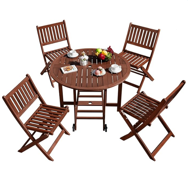 ⏰5-Piece Wooden Patio Folding Table and Chair Set