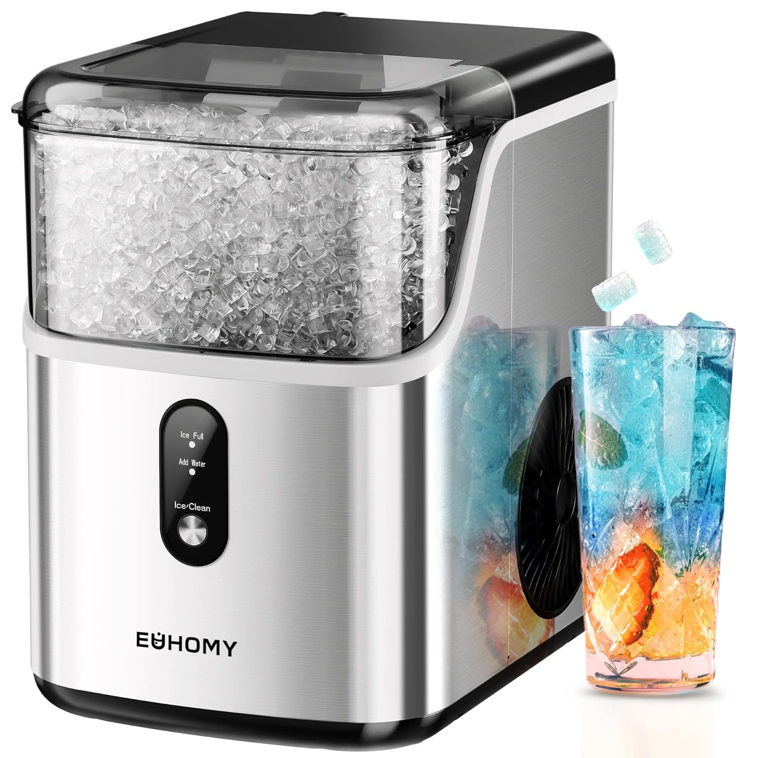 EUHOMY Nugget Ice Makers Countertop, Pebble Ice Maker Machine with 35lbs/24H Soft Ice, Self-Cleaning Sonic Ice Maker with Ice Scoop&Basket, Pellet Ice Maker for Home/Kitchen/Office(Stainless Steels)