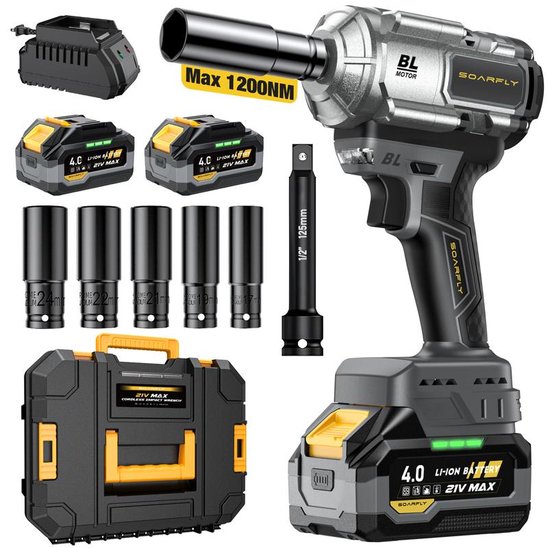 SOARFLY 1200NM (900FT-LBS) Cordless lmpact Wrench, For Automobiles, Trucks, 2x 4.0Ah Batteries, Fast Charger, 3000RPM, 5 Sockets & 1 Extension Bar