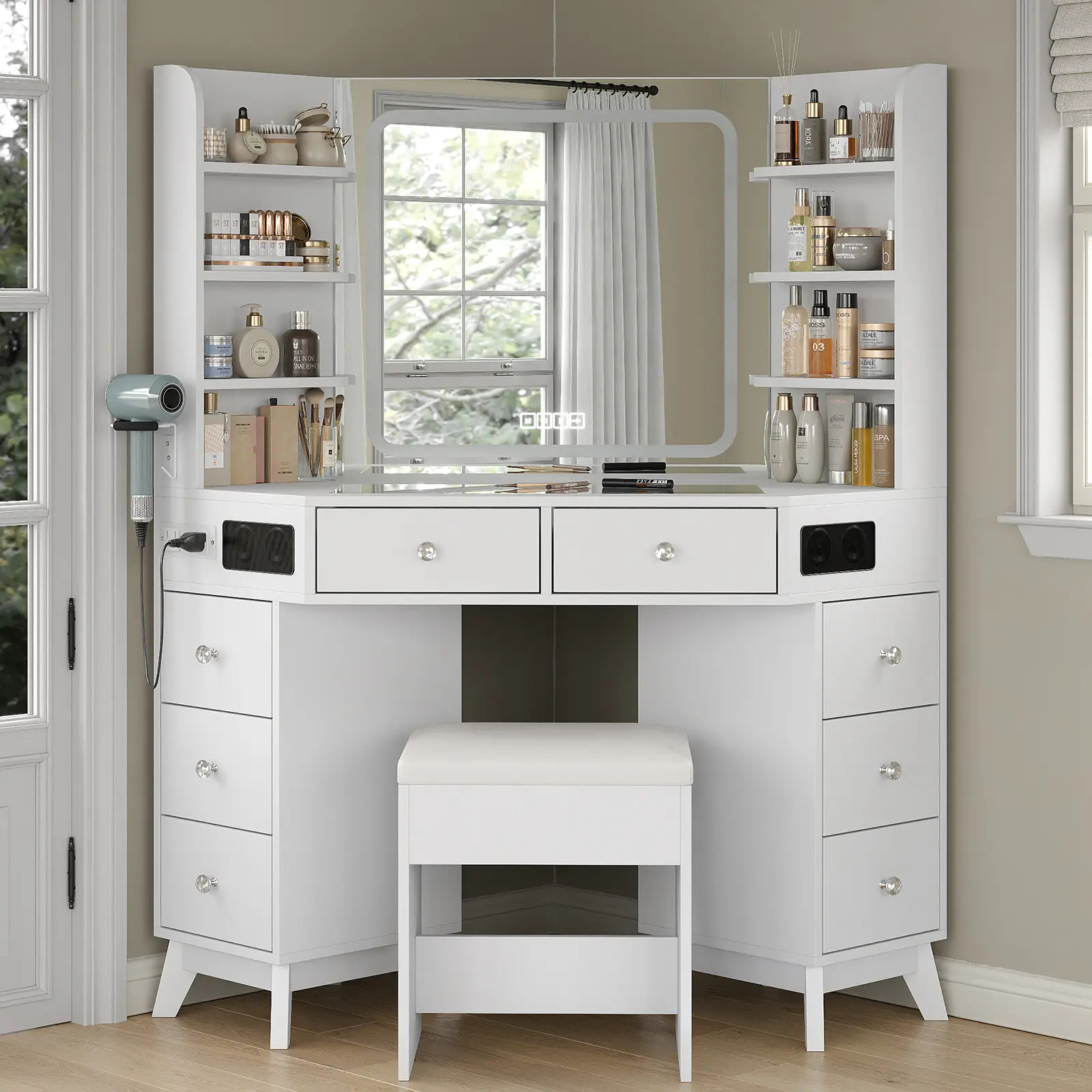FUSOU Music Corner Vanity Desk with Bluetooth Speaker, Vanity with Mirror and Lights, Modern Makeup Vanity with Glass Top, 8 Drawers & 6 Shelves, 3 Color Lighting Modes, Dressing Table with Chair for Bedroom