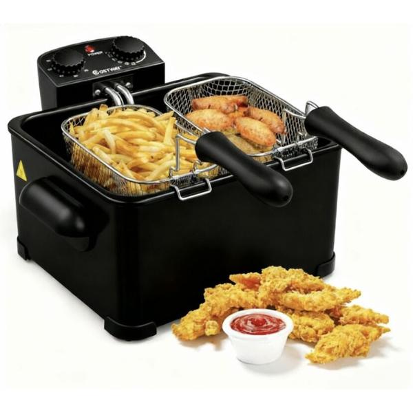 COSTWAY Deep Fryer with Basket, 5.3Qt Stainless Steel Electric Oil Fryer w/Adjustable Temperature, Timer, Lid with View Window