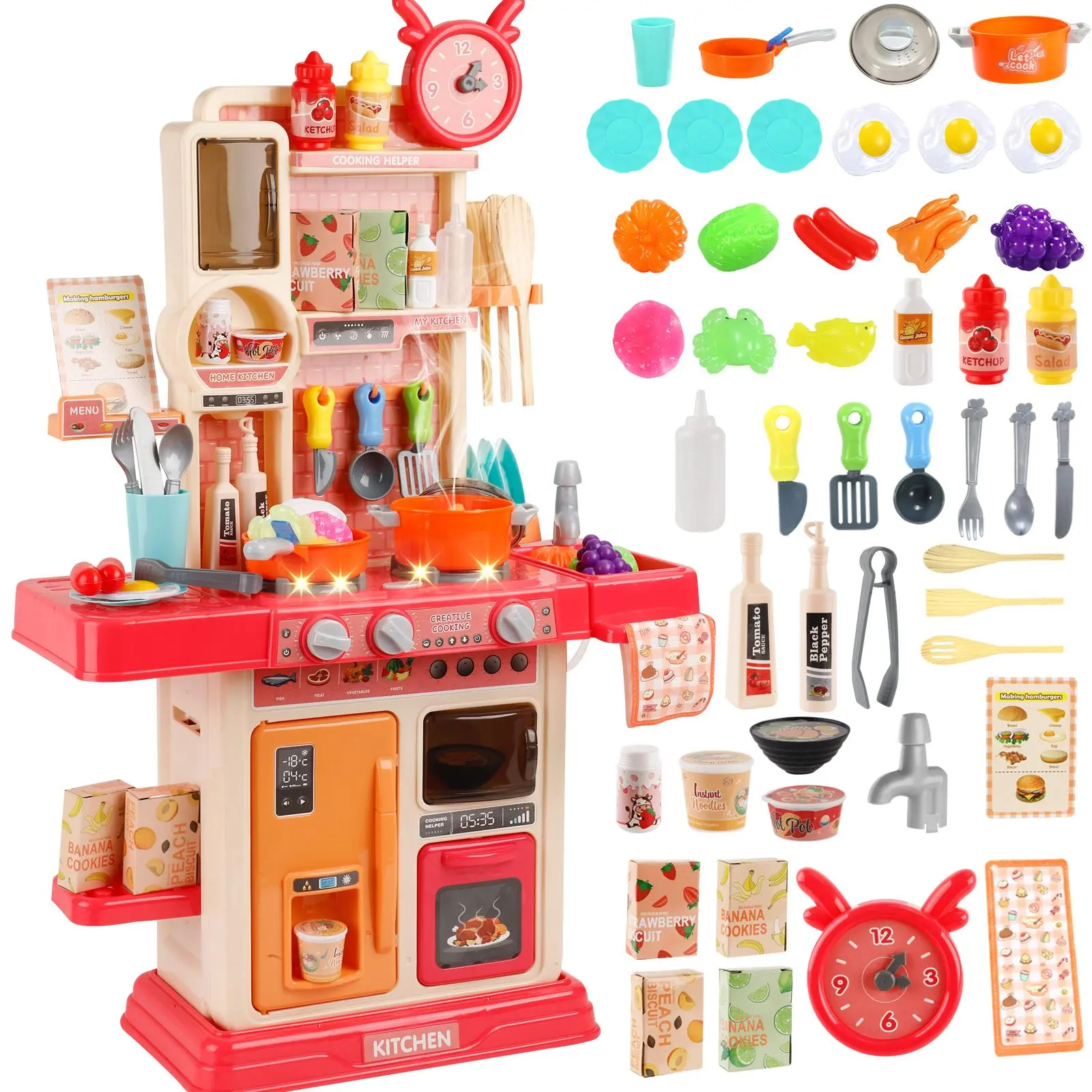 Interactive 45pcs Kids Kitchen Playset with Sound and Light Features, Complete Cooking Stove, Realistic Play Sink, and Fun Kitchen Accessories for Pretend Play and Learning