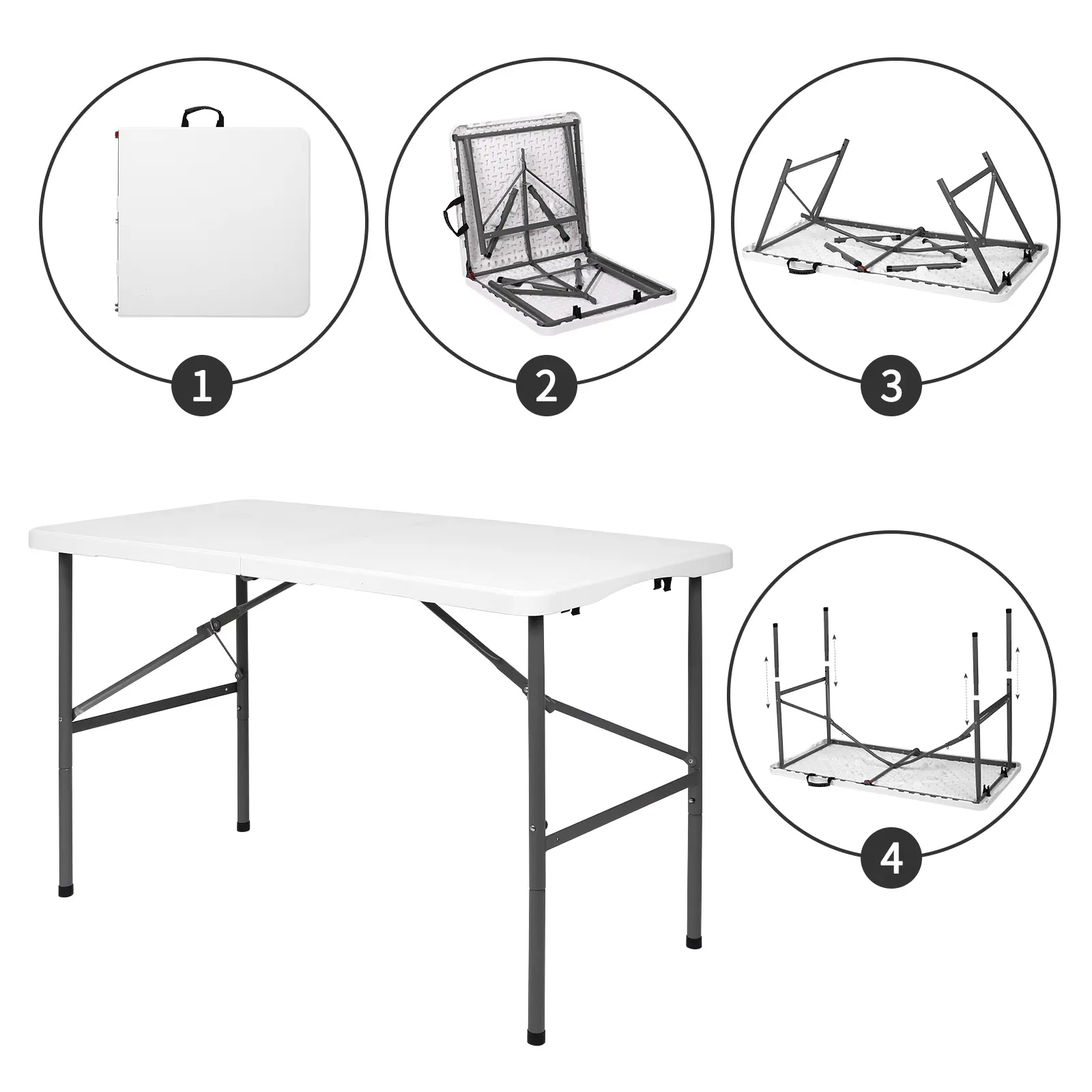 WGCTEK 4FT Folding Table Fold in Half Outdoor Indoor with Handle and Lock White Quick Assembly Height Adjustable Sturdy Stable Portable Easy Storage