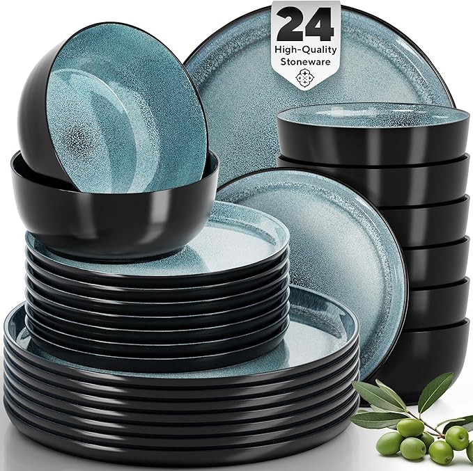 24 Piece Dinnerware Sets for 8 - Modern Style Stoneware Dinnerware Set