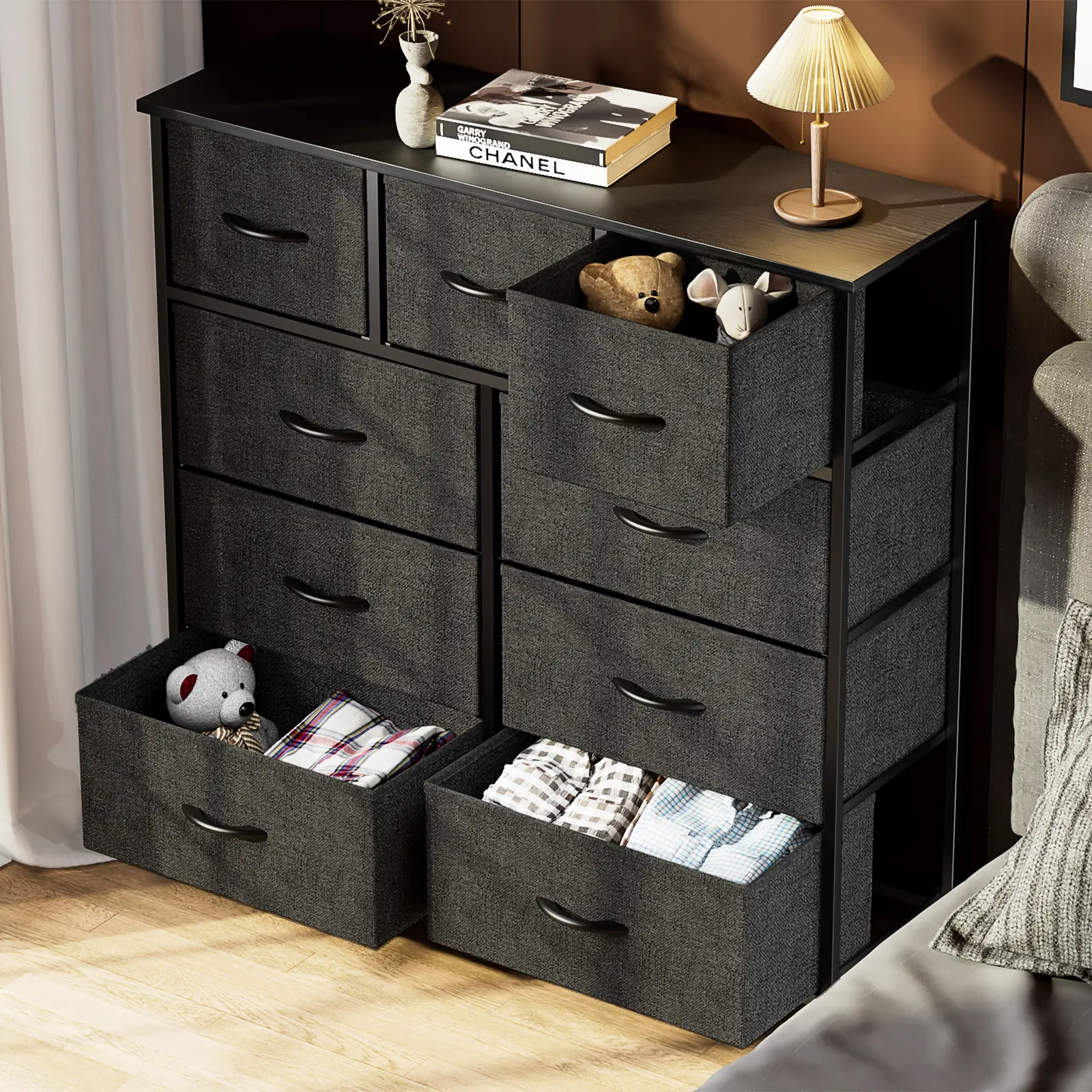 Dresser with 9 Drawers, Fabric Storage Tower for Bedroom, Closet, Entryway, Nursery - Steel Frame and Wooden Top
