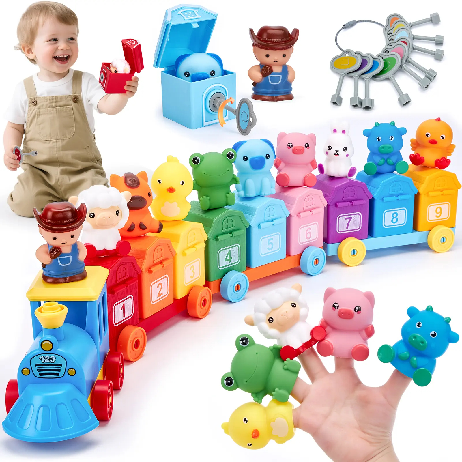 🔥Buy one get one free, the perfect gift choice🎁Hahaland Farm Counting Matching & Sorting Train Set-Includes 9 Barns,9 Animal Puppets,&9 Keys for Learning Colors & Numbers Farm-Animals Finger Puppets Keys to Lock and Unlock Barn-preschool Toy-Birthday Easter Basket Stuffers for Kids 1 2 3 Year Old