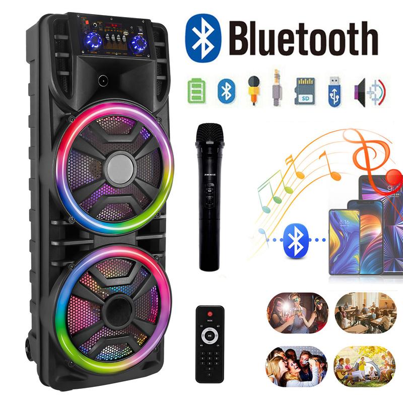 🎉New Year Mega Sale💥Portable Party Box Dual 12inch Karaoke Speaker System with Wireless Bluetooth, Microphone, LED Lighting & Rechargeable FM Radio Remote Control Smartphone Audio