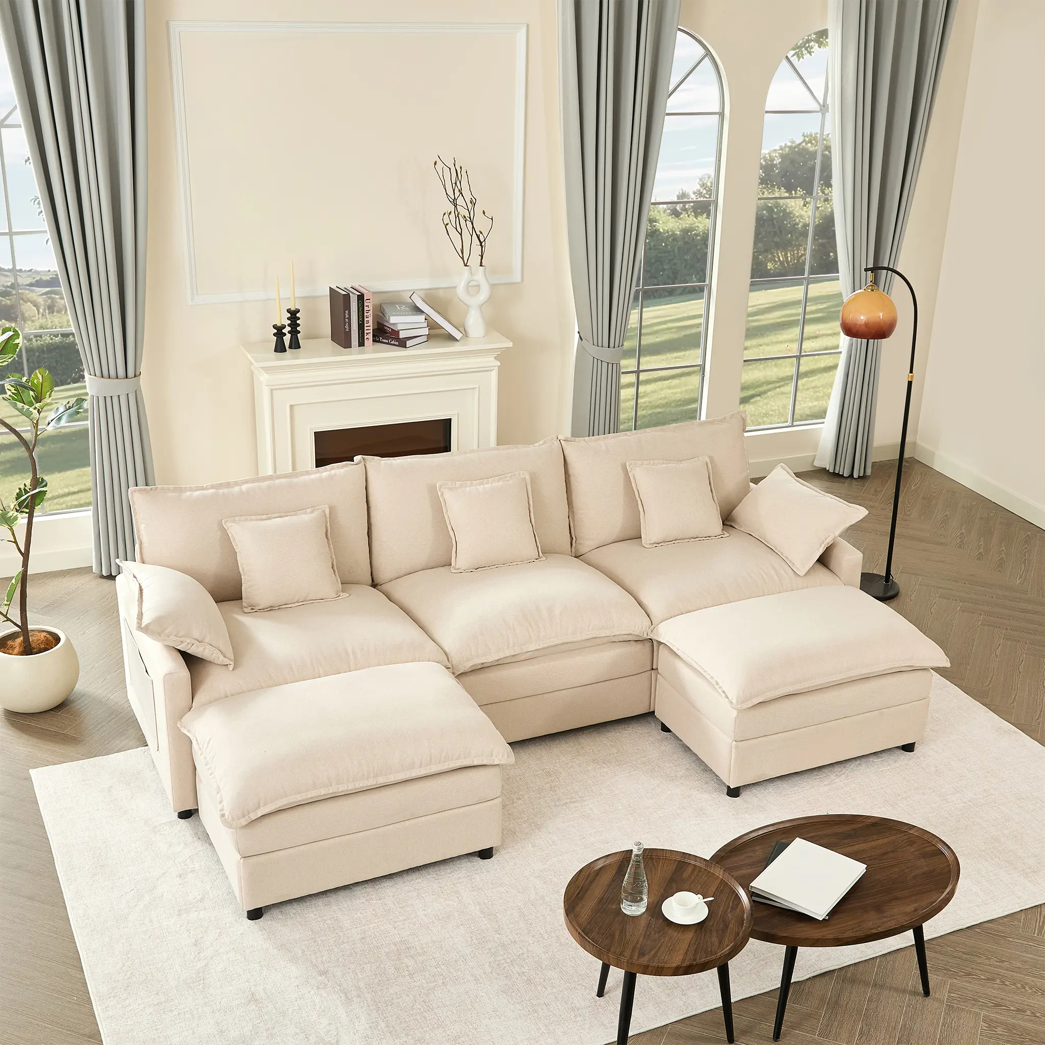【2 Packages Shipping】GOSUHI 108" U-Shaped Modular Sectional Sofa - Comfy Cloud 3-Seater with 2 Movable Ottoman, Cloud Sofa,Deep Seat Linen Couch for Living Room, Beige Color ,Comfort & Stylish Design
