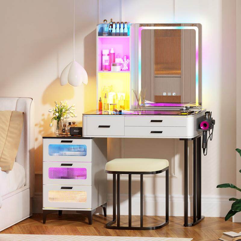 🎉New Year Mega Sale💥Miuvanity Set with 24-Color RGB Lights, Wireless Charging, HD Mirror, 6-Drawer Chest & Big Storage Furniture Organizing - Modern Design Adjustable Brightness