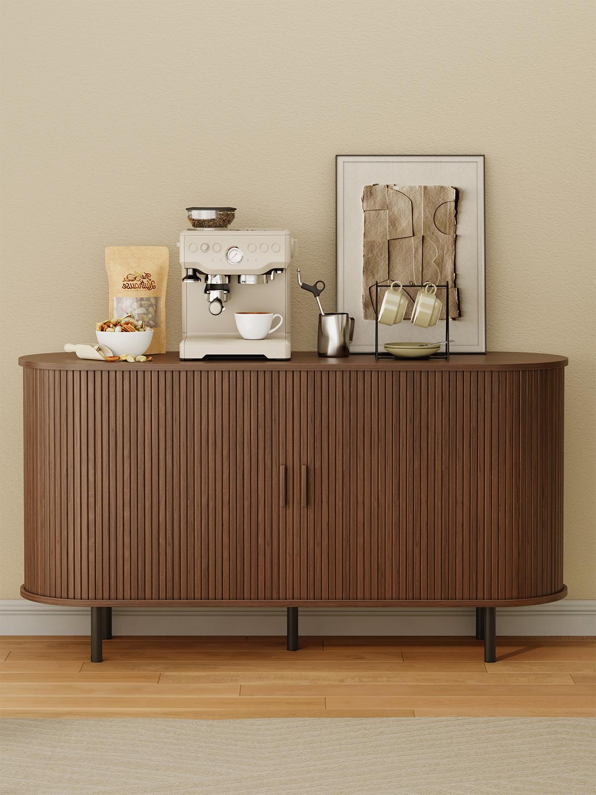 【Sliding Doors Design】ONBRILL 55" Gorgeous Fluted Buffet Cabinet, Coner Coffee Bar With Storage, Mid Century Modern Sideboard with Adjustable Shelf, Accent Wood Console Table for Kitchen Entryway Living Room Furniture