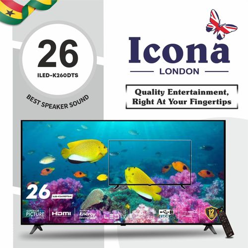 Icona London ILED-M260DTS 26”32”43”55”65” Edgeless Digital Satellite LED TV With A+ Panel - HDMI/USB - DTS Audio - Black (1YR WRTY)