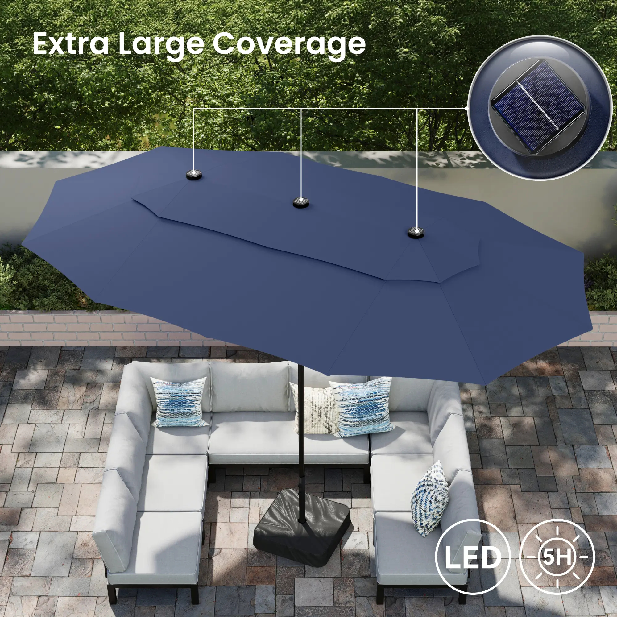 [2026 Upgrade] PHI VILLA 15FT Double Layer Patio Umbrella with 36 Solar LED Lights, Wind-Resistant Large Outdoor Rectangular Umbrella with Base