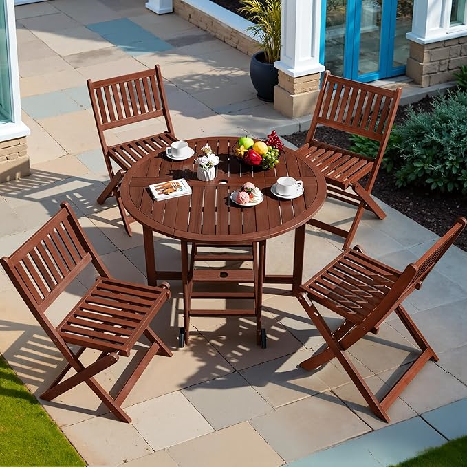 ⏰5-Piece Wooden Patio Folding Table and Chair Set